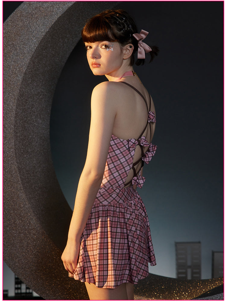 Pink Plaid Bow Tie One Piece Sling One Piece Swimwear