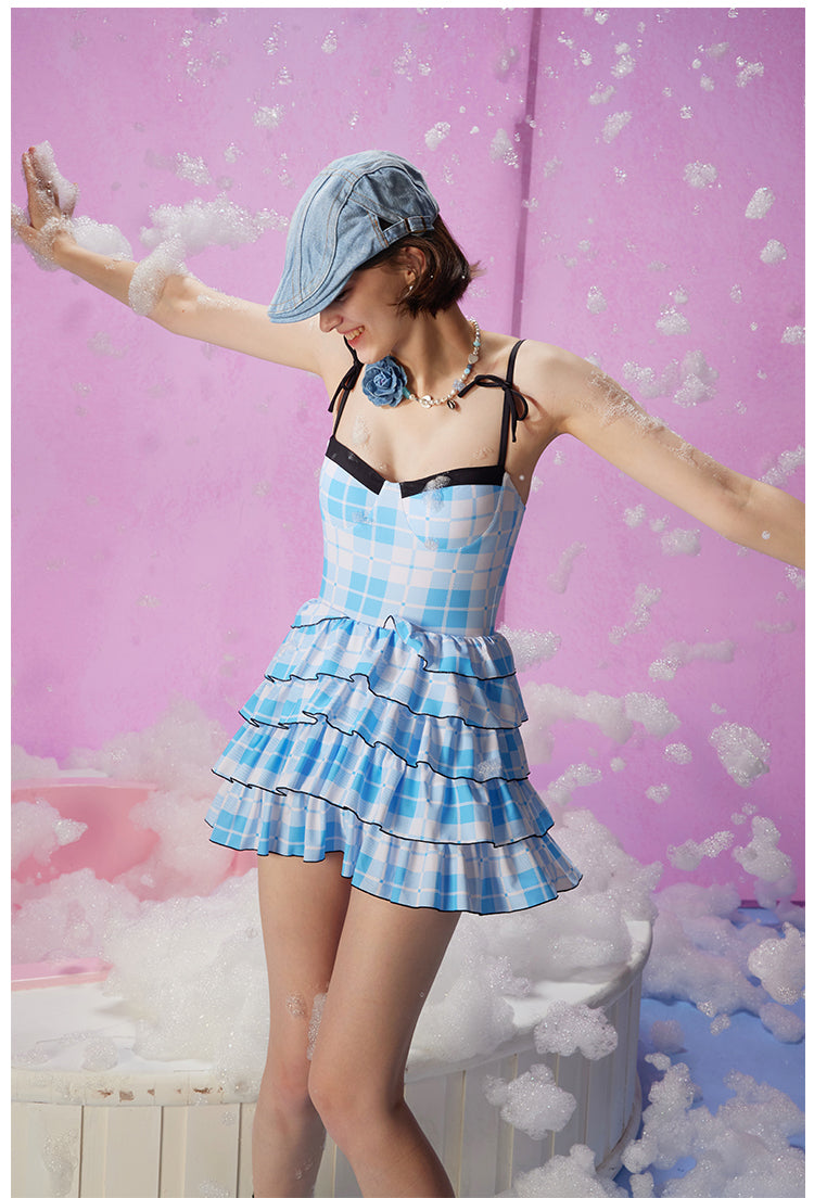 Blue and white checkered cake skirt swimsuit 2023 new high-end girl jumpsuit