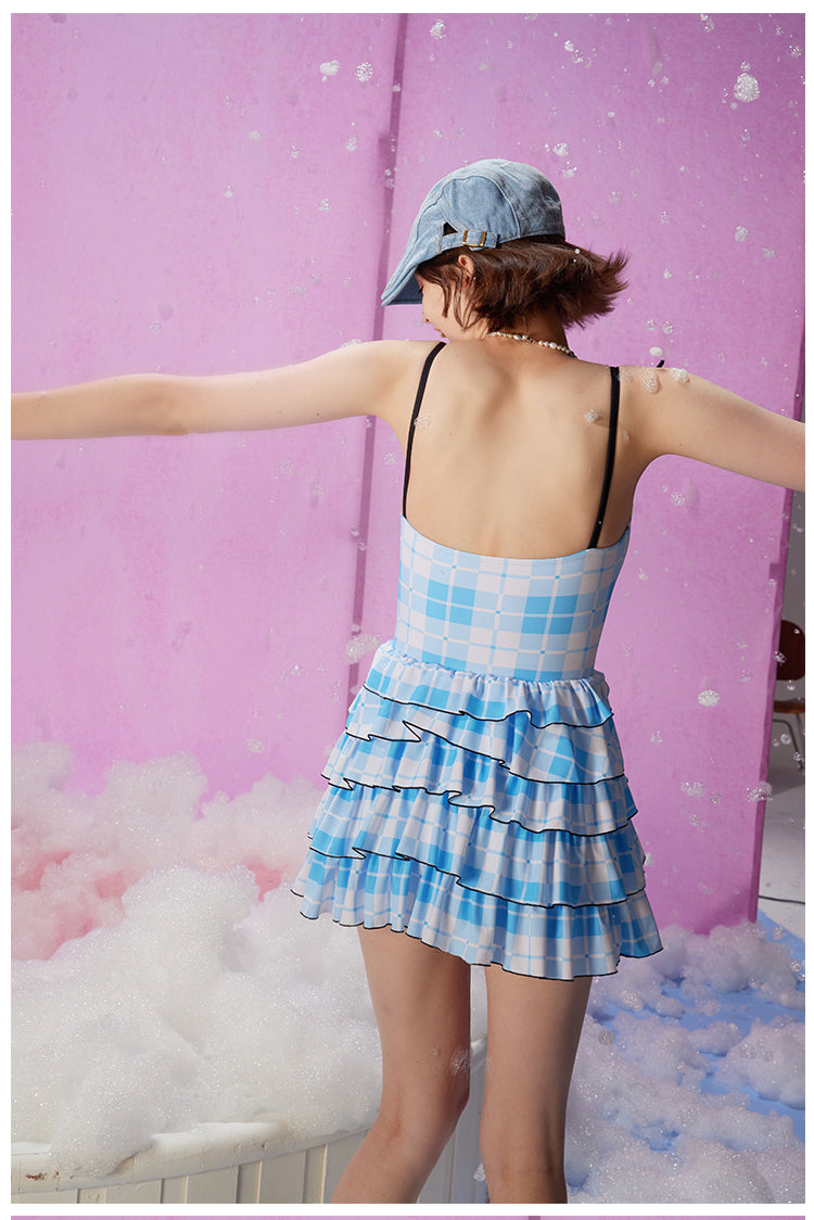 Blue and white checkered cake skirt swimsuit 2023 new high-end girl jumpsuit