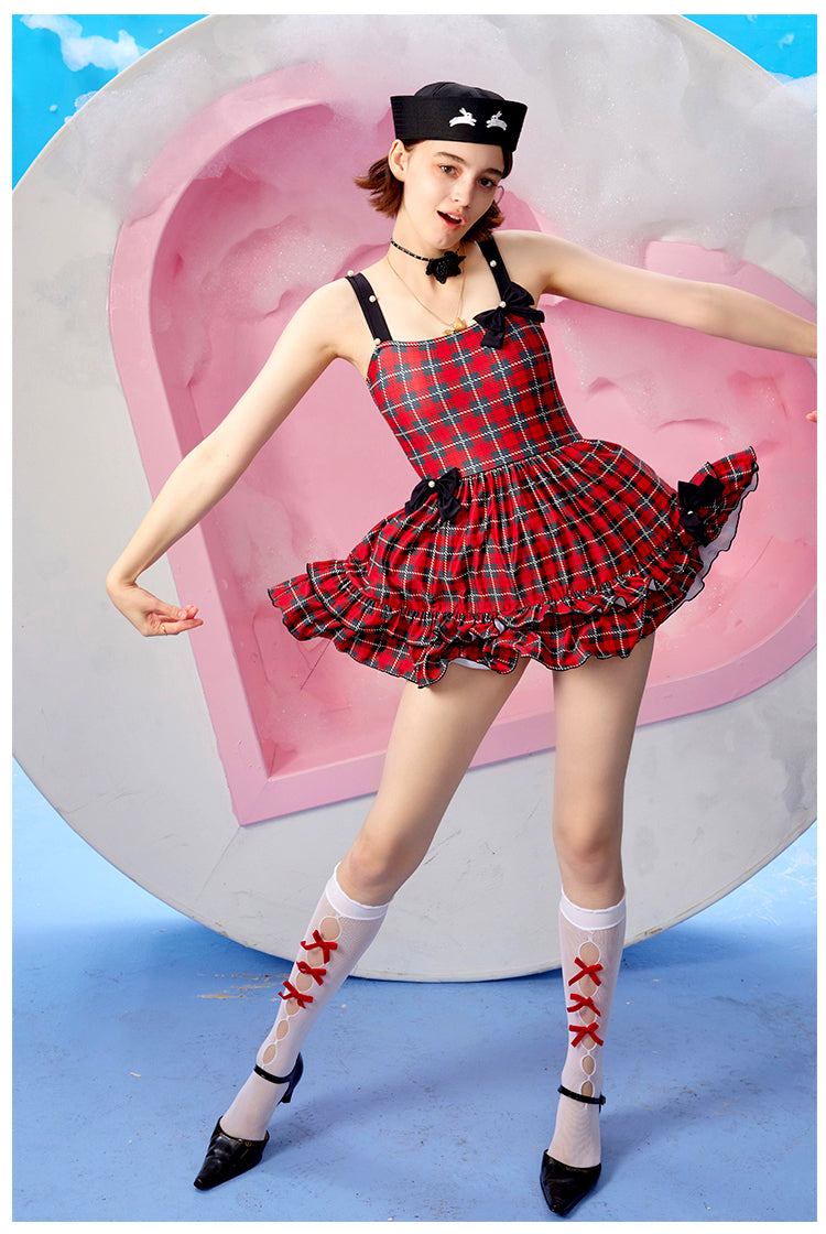 Red and black plaid bow camisole skirt for girls, swimsuit, one piece swimsuit, high-end feeling for women in summer