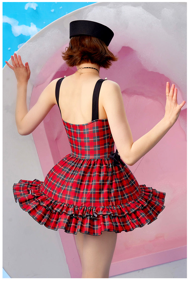 Red and black plaid bow camisole skirt for girls, swimsuit, one piece swimsuit, high-end feeling for women in summer