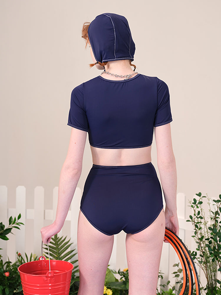 Navy blue up and down split short sleeve cover meat retro can wear swimsuit with swimming cap