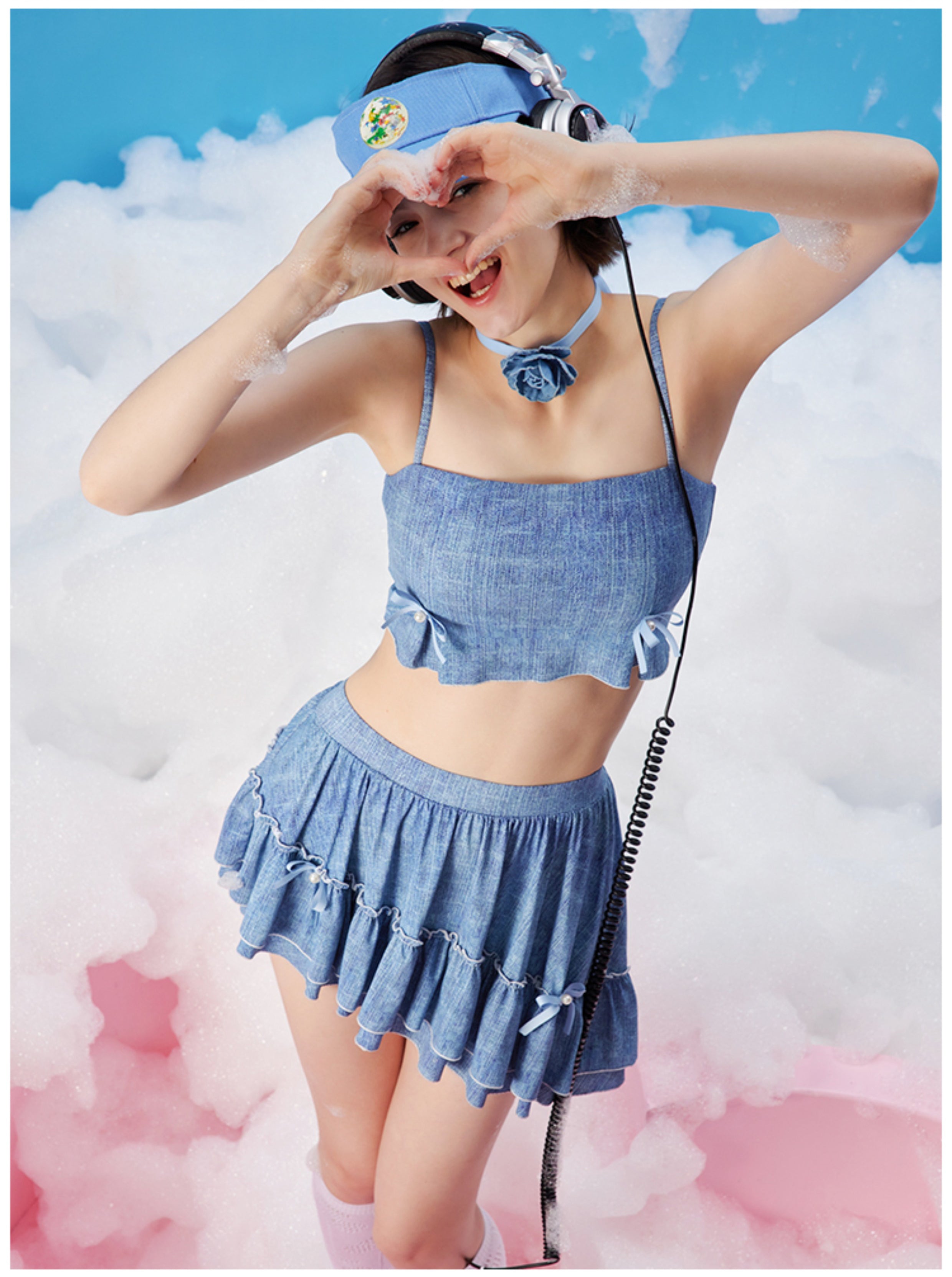 Imitation denim printed asymmetrical suspender split short skirt swimsuit, high-end girl swimsuit