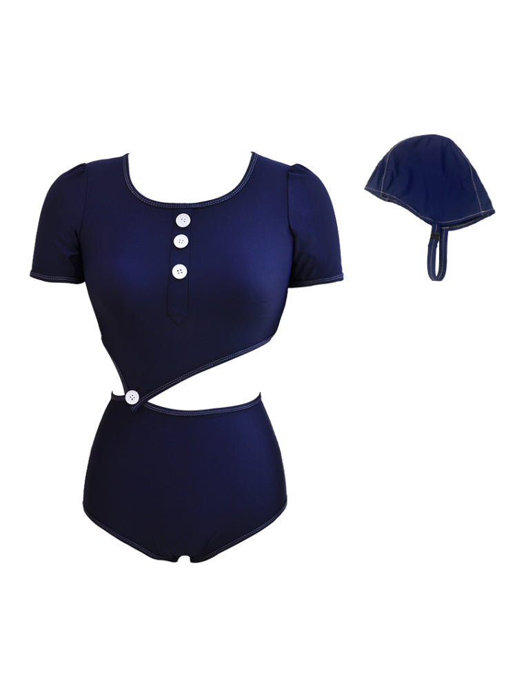 Navy blue up and down split short sleeve cover meat retro can wear swimsuit with swimming cap