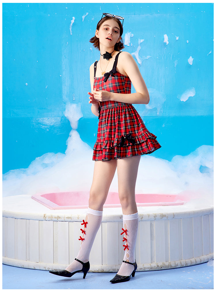 Red and black plaid bow camisole skirt for girls, swimsuit, one piece swimsuit, high-end feeling for women in summer