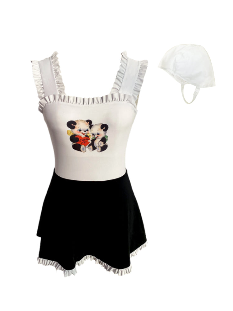 Love panda print black and white one-piece little skirt vest style swimsuit