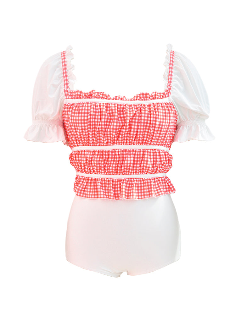 Red plaid wrap wrap, flesh covering, bubble sleeves, contrasting color one piece swimsuit that can be worn externally