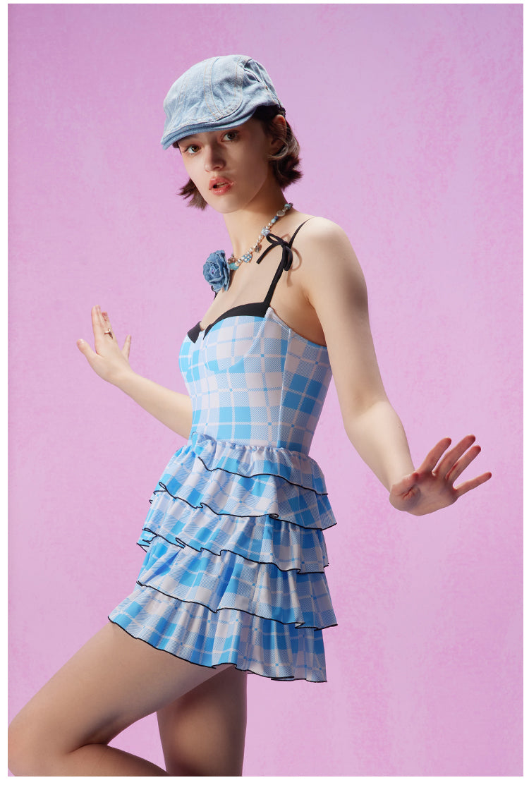 Blue and white checkered cake skirt swimsuit 2023 new high-end girl jumpsuit