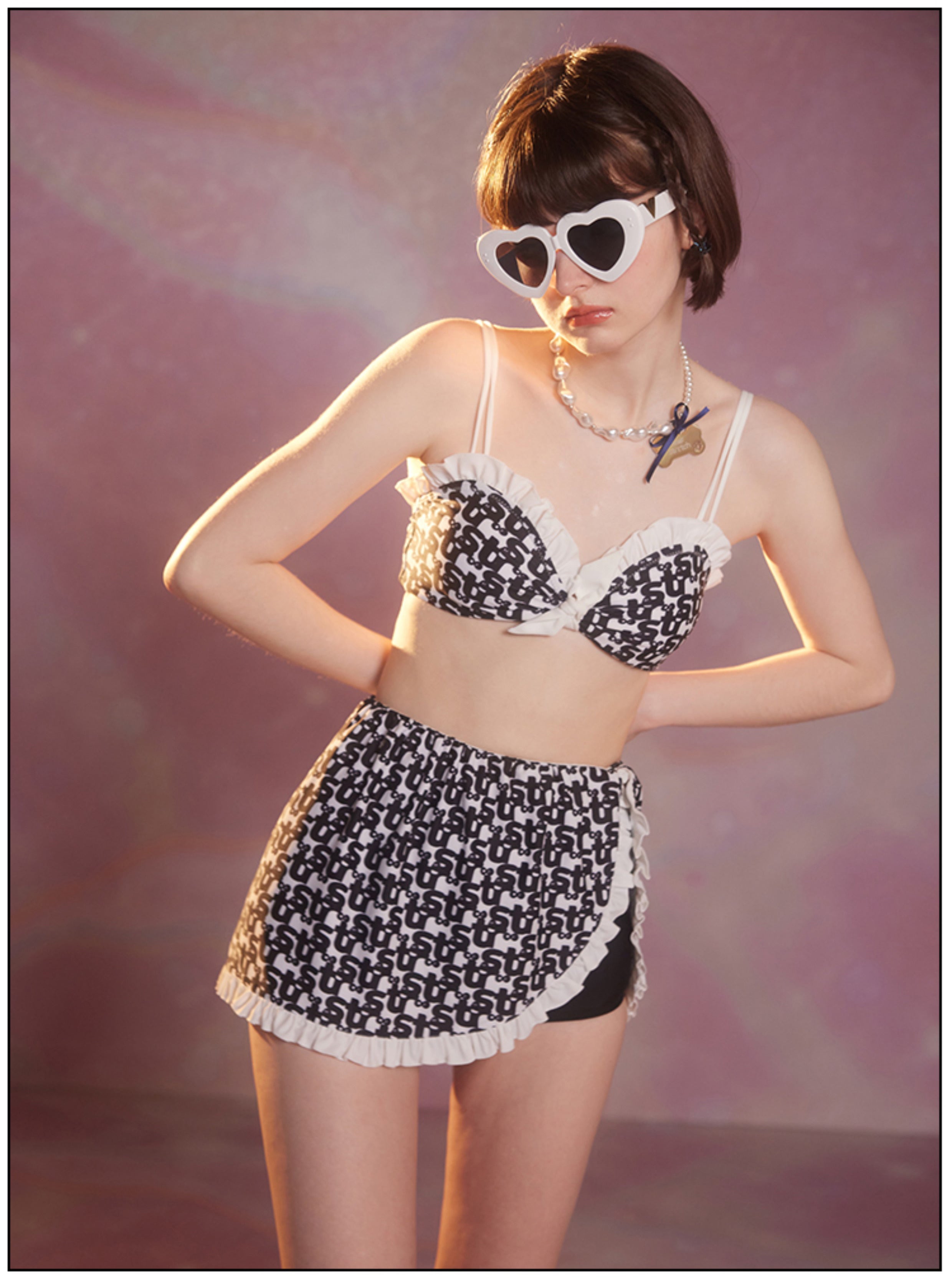 Vintage bikini with small skirt, three piece split swimsuit