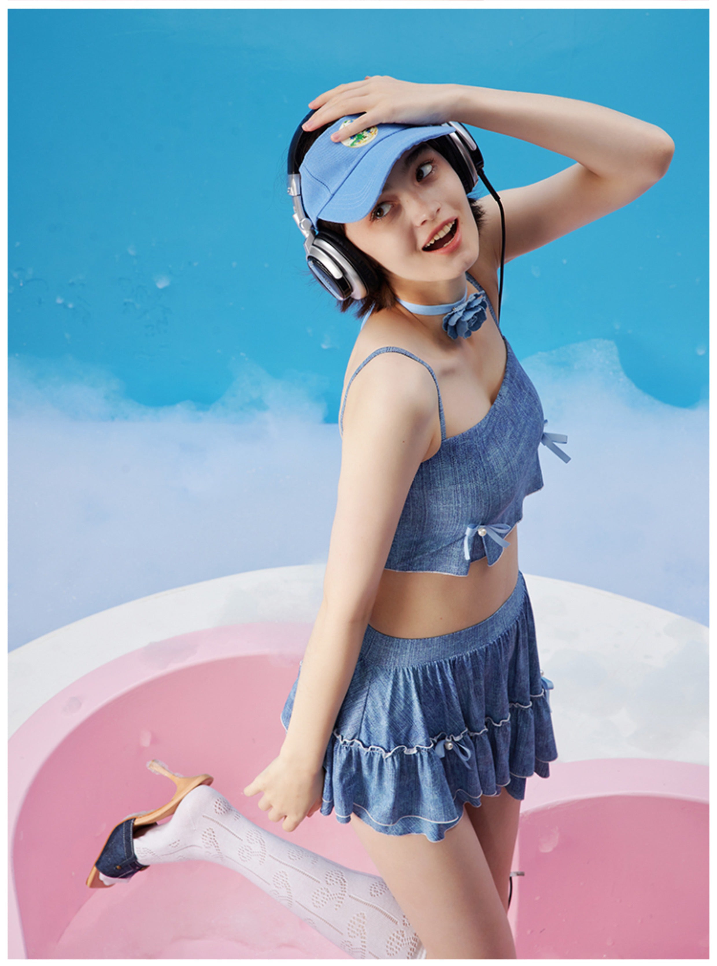 Imitation denim printed asymmetrical suspender split short skirt swimsuit, high-end girl swimsuit