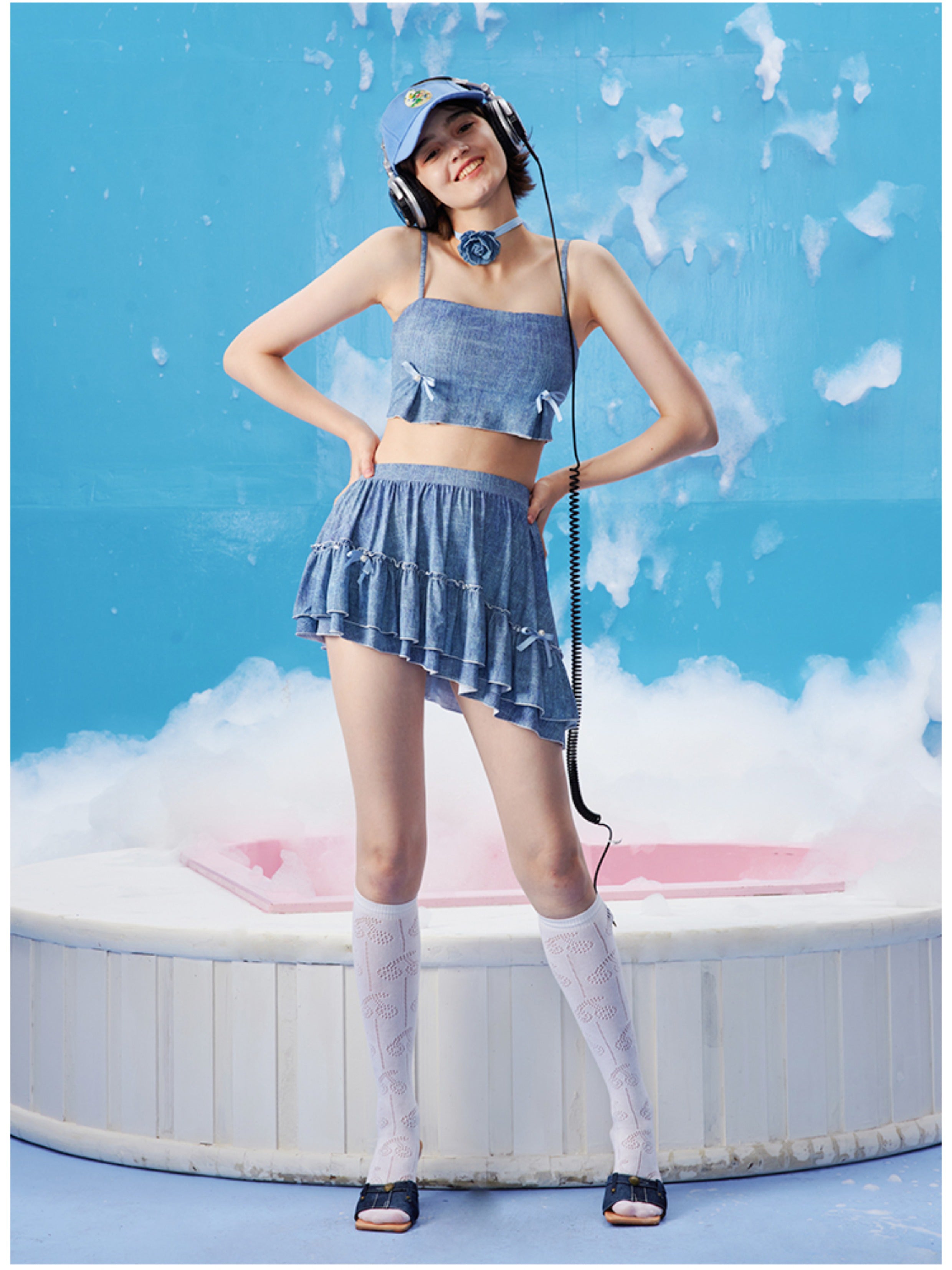 Imitation denim printed asymmetrical suspender split short skirt swimsuit, high-end girl swimsuit