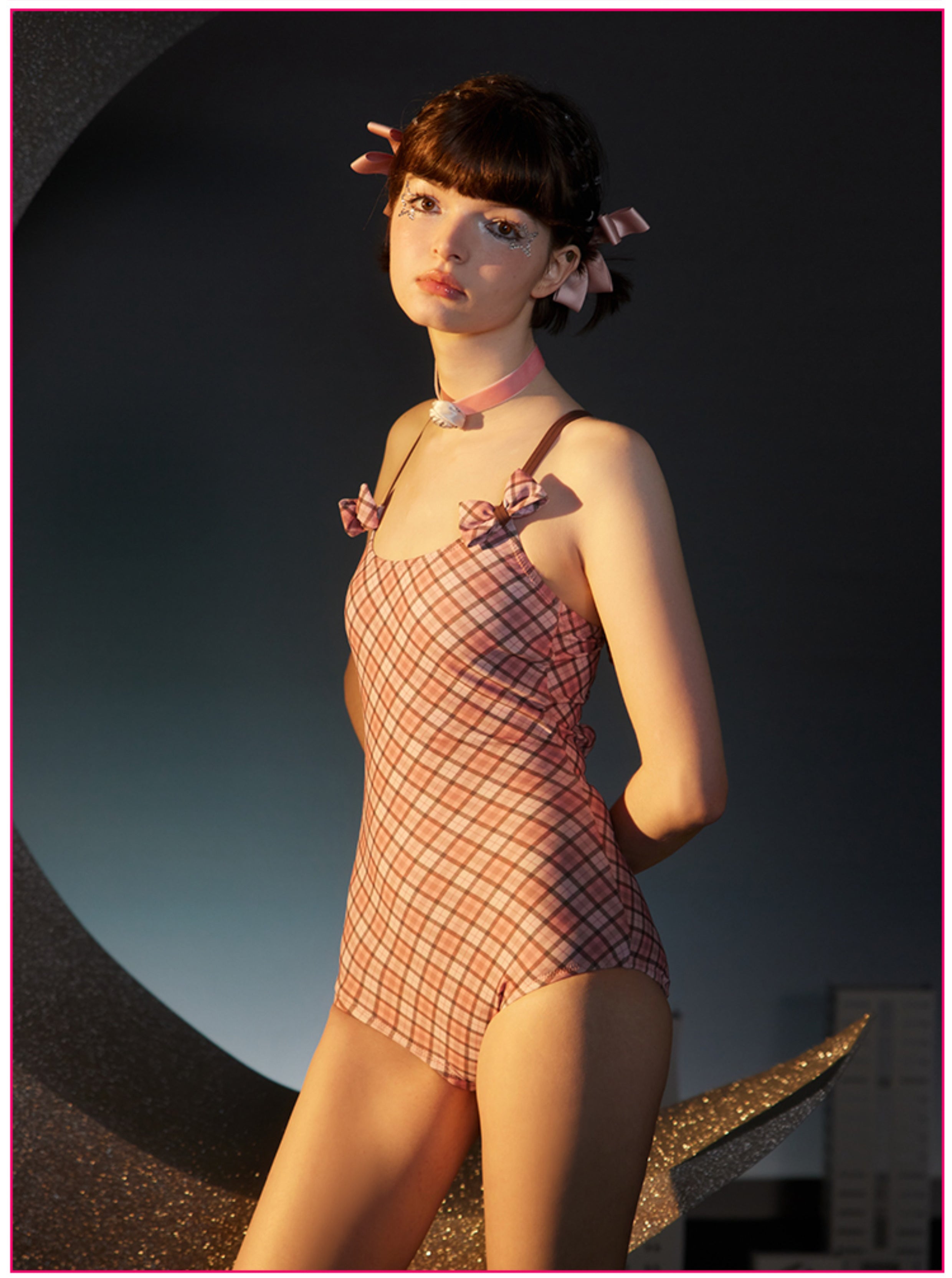 Pink Plaid Bow Tie One Piece Sling One Piece Swimwear