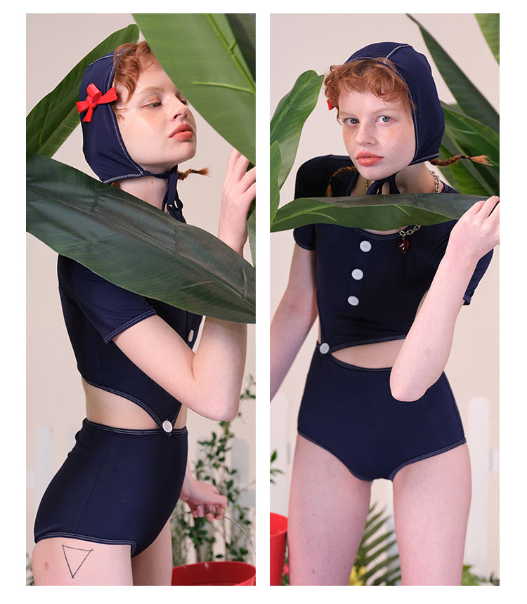 Navy blue up and down split short sleeve cover meat retro can wear swimsuit with swimming cap