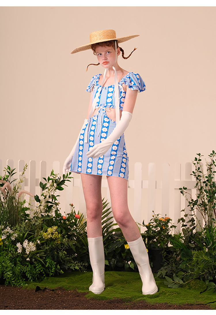 Sunflower One Piece Slim Bubble Sleeves Small Skirt Can Wear Hot Spring Swimwear Externally