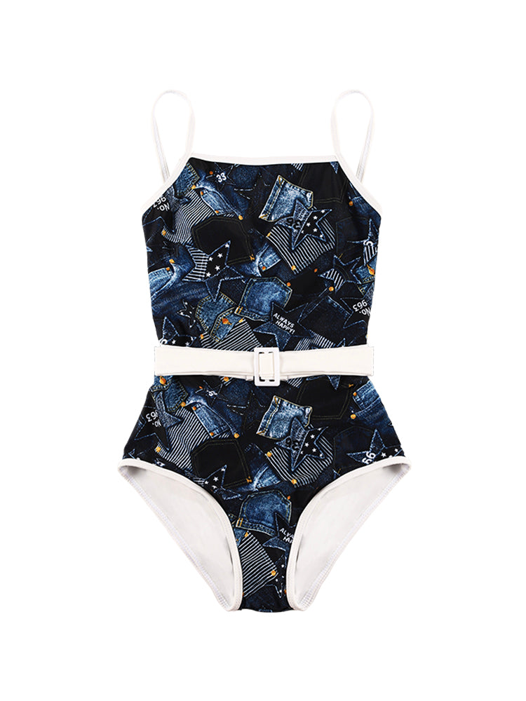 dark blue imitation denim printed camisole swimsuit with belt as a gift