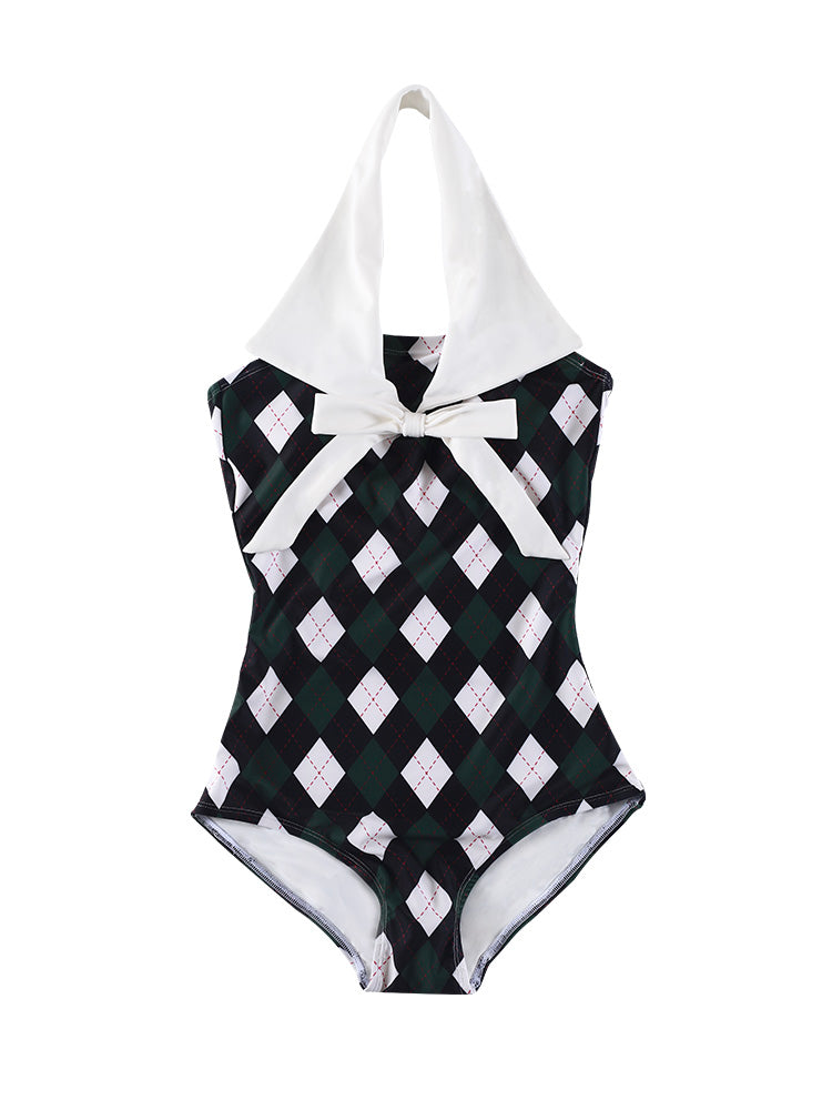 Diamond plaid lapel bow one piece girl swimsuit