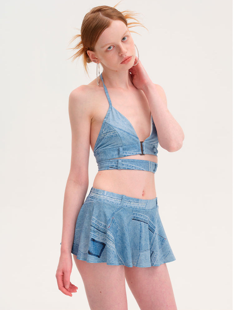 Retro denim print front button bikini with small skirt split swimsuit hot spring swimsuit