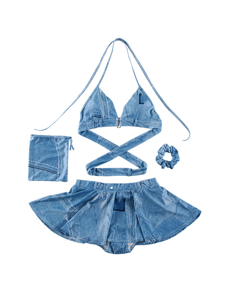 Retro denim print front button bikini with small skirt split swimsuit hot spring swimsuit