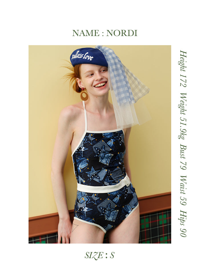 dark blue imitation denim printed camisole swimsuit with belt as a gift