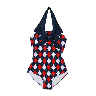 Diamond plaid lapel bow one piece girl swimsuit