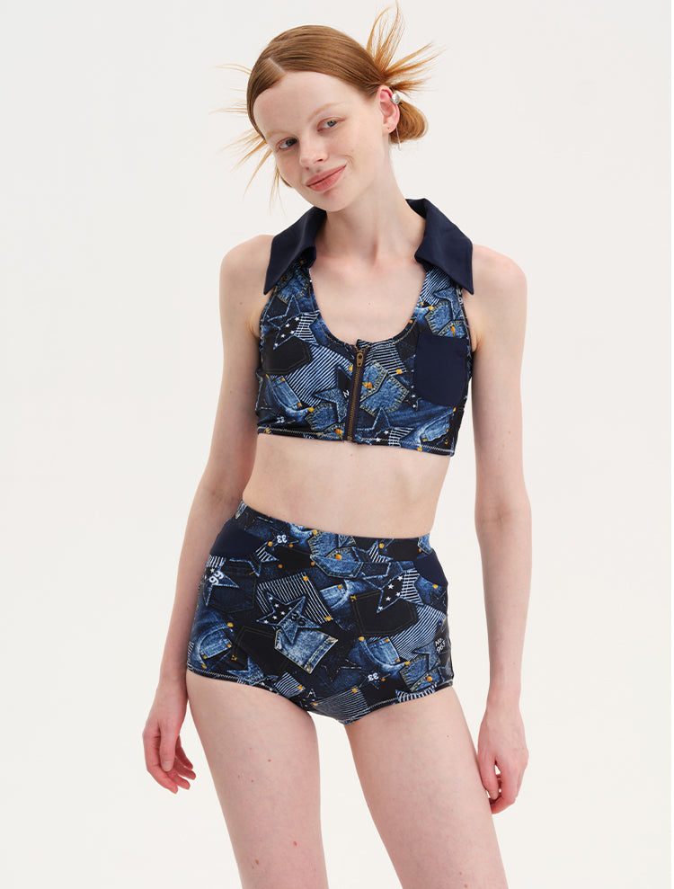 American retro lapel faux denim printed split flat angle swimsuit