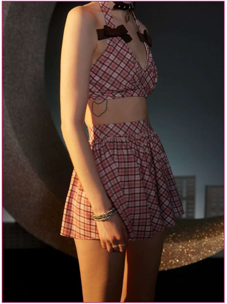 Cute Retro Girl Pink Split Conservative Skirt Water Park