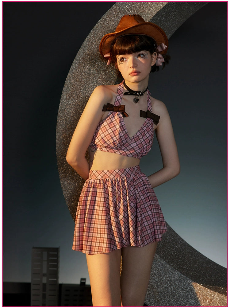 Cute Retro Girl Pink Split Conservative Skirt Water Park