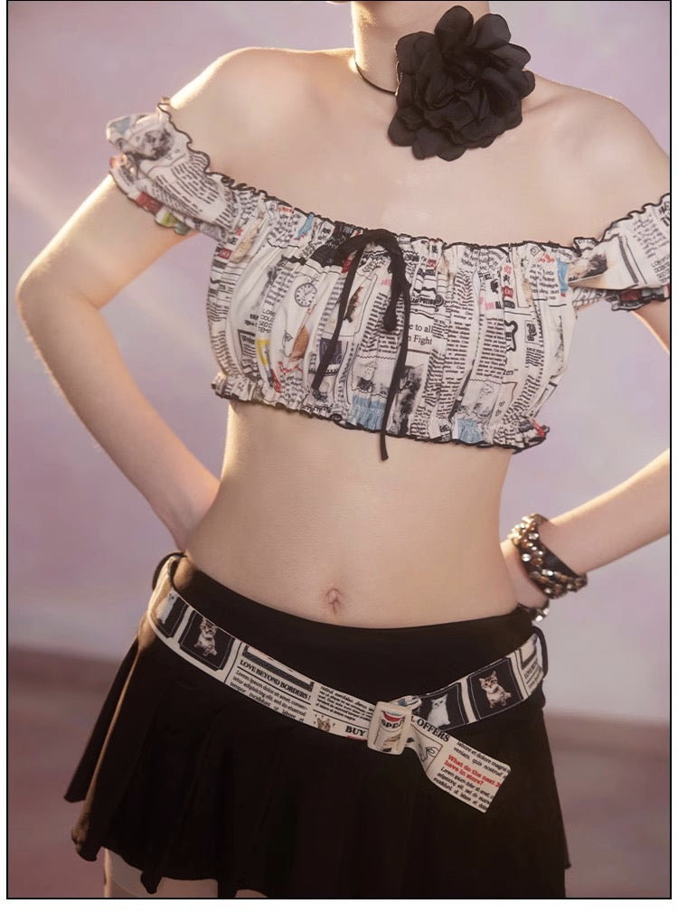 Casual newspaper print bra with off shoulder pleated skirt split swimsuit