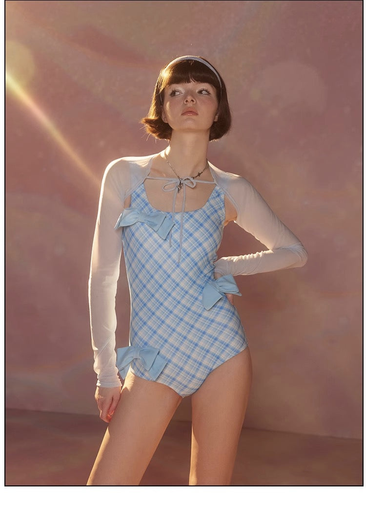 Beautiful Girl Warrior Blue Plaid Bow Basic One Piece Swimwear with Sleeves