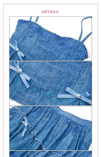 Imitation denim printed asymmetric suspender split short skirt swimwear high-end girl swimsuit