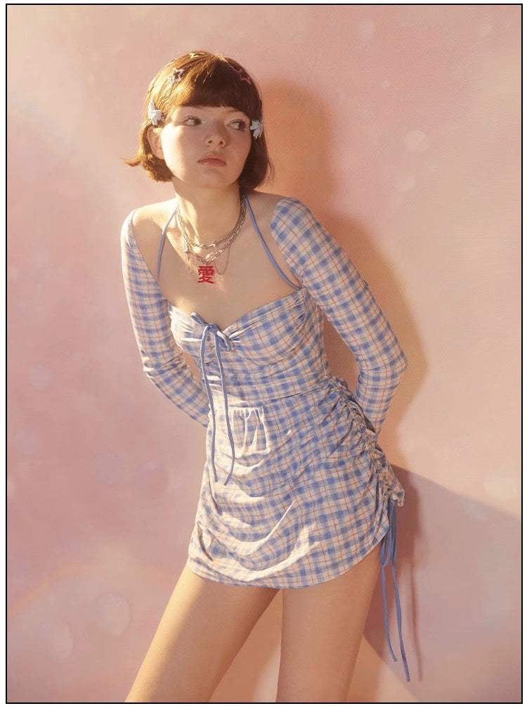 Beautiful Girl Warrior Vintage Plaid Covering Meat Girl Long Sleeve Skirt One Piece Swimwear