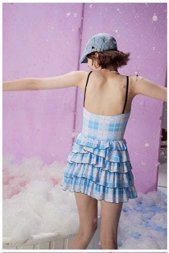 Blue and white checkered cake skirt swimsuit