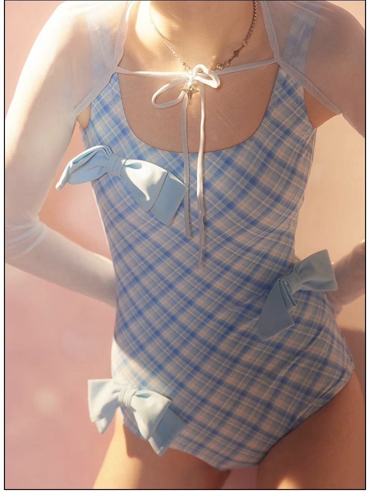 Beautiful Girl Warrior Blue Plaid Bow Basic One Piece Swimwear with Sleeves