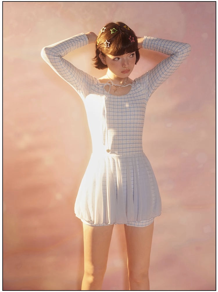 Long sleeved conservative one piece mesh skirt, flat corner pants, swimsuit, one piece swimsuit, blue fine plaid